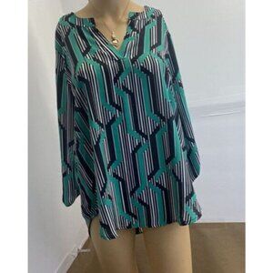Womens Black/White/green 3/4 Sleeve V-Neck Striped Tunic Top Small